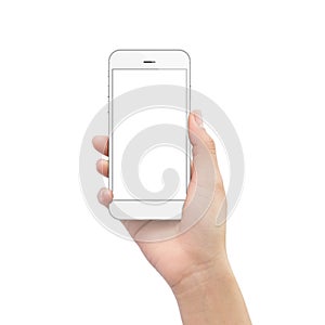 Hand holding phone isolated on white clipping path