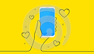 Hand holding phone with love hearts. Smartphone screen on yellow background. Vector