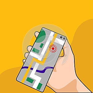 Hand holding phone with map and marker. Mobile gps navigation and tracking concept. Flat vector cartoon illustration