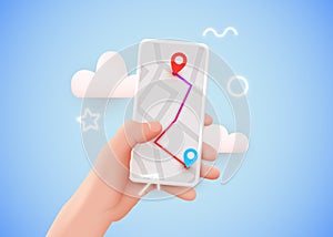 Hand holding phone with map and pointer. Mobile gps navigation and tracking concept. Background for web sites, banners