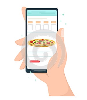 Hand holding a phone with a mobile application to order food online from a website. Fast food delivery. Pizza delivery online. Vec