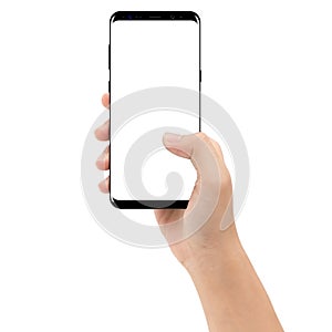 Hand holding phone mobile isolated on white background photo