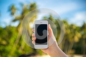 Hand holding the phone in a nature background