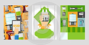 Hand holding phone with online sale kitchen appliance, modern things for cooking home vector illustration. Clearance ofl