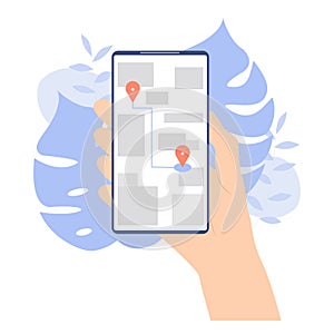 Hand holding phone with road and pointer navigation on map to destination. GPS service concept illustration