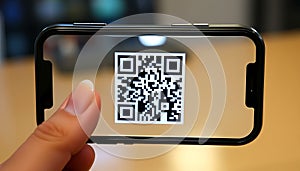 Hand holding phone scanning QR code, mobile technology, digital interaction, contactless payment Generative AI