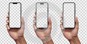 Hand holding phone set, Mockup smartphone and screen Transparent and Clipping Path
