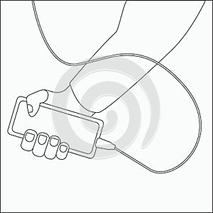 The hand is holding the phone. Simple, outline or hand draw style. Black and white vector illustration. Isolated background
