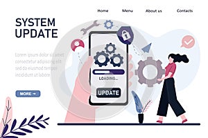 Hand holding phone with system update. Template, landing page. Cartoon girl carries gear. Improvement change new version