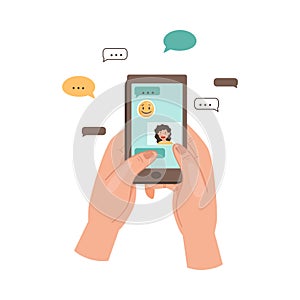 Hand Holding Phone Text Messaging and Chatting in App Using Internet Vector Illustration