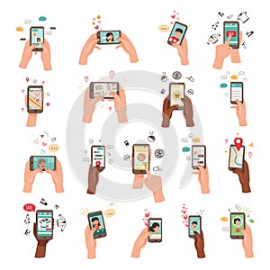 Hand Holding Phone Text Messaging, Watching Video, Purchasing Using Internet Big Vector Set