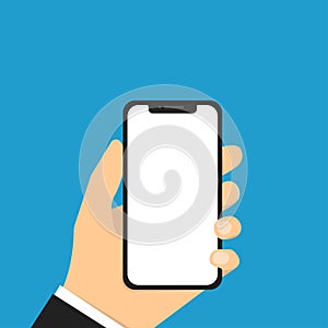 Hand holding phone. Vector illustration. Mockup smartphone with blank screen. Mobile phone mockup. Smartphone technology