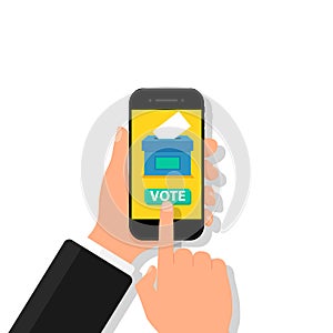 Hand holding phone with voting app. Man votes online by pressing a button on screen mobile. Government election in electronic photo