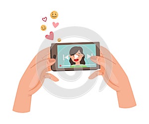 Hand Holding Phone Watching Video or Vlog in the App Using Internet Vector Illustration