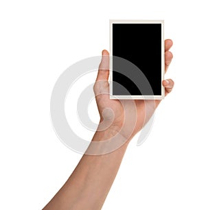 Hand holding photo frame isolated on white with clipping path