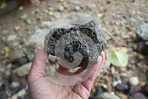 Hand holding a piece of black lava rock.