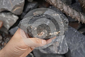 Hand holding a piece of black shale rock on nature background.