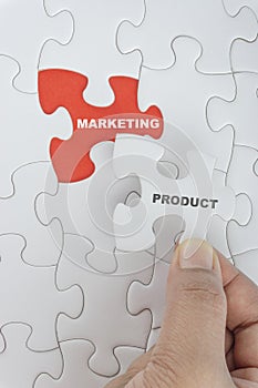 Hand holding piece of jigsaw puzzle with word PRODUCT MARKETING