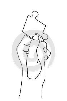 Hand Holding a Piece of Puzzle vector icon in meaning Finding Solution- continuous line drawing. Continuous one line drawing of