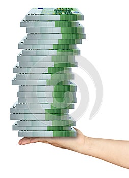 Hand Holding Pile Packs of 100 Euro Banknotes photo