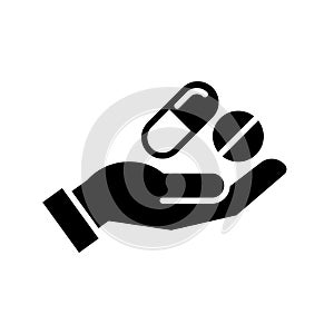 Hand holding pills icon, Medicine in hand sign, Pharmaceutical and medical treatment concept