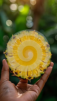 Hand holding pineapple slice with pineapple selection on blurred background, copy space available