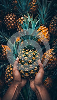 Hand holding pineapple slice with selection on blurred background, copy space available