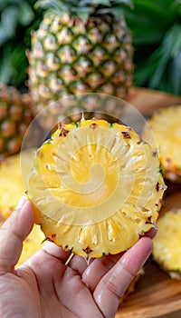 Hand holding pineapple slice with selection on blurred background, copy space for text