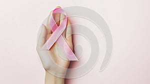 Hand holding a pink ribbon on a light background, symbolizing breast cancer awareness and support photo