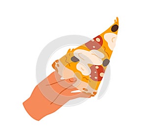 Hand holding pizza slice. Taking Italian fast food, cut triangle piece. Tasty eating, snack with melting cheese