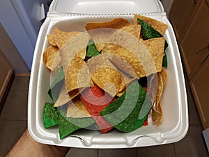Hand holding plain and red and green tortilla chips