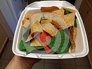 Hand holding plain and red and green tortilla chips