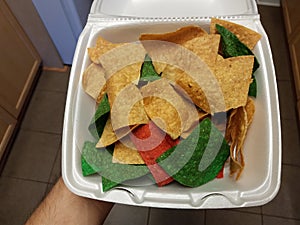 Hand holding plain and red and green tortilla chips