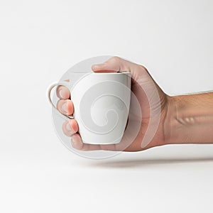 A hand holding a plain white ceramic mug against a white background