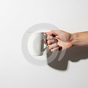 A hand holding a plain white ceramic mug against a white background