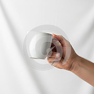 A hand holding a plain white ceramic mug against a white background