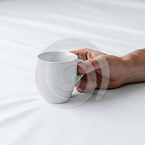 Holding a plain white ceramic mug, positioned on a white fabric