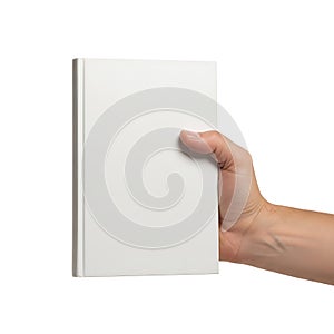 A hand holding a plain white rectangular object against a plain background