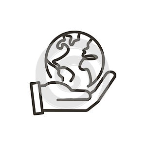 Hand holding planet earth globe vector thin line icon. Minimal illustration for concepts of environment awareness, ecology,
