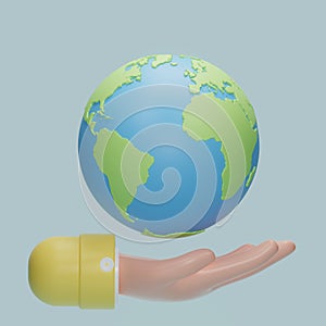 Hand holding planet earth icon. Earth day symbol. Eco Save the world, Clean environment, Sustainability or environmental