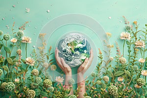 Hand holding planet earth surrounded by flowers, ecology and environment, green deal, protect nature, sustainable lifestyle