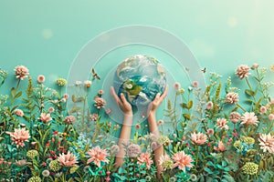 Hand holding planet earth surrounded by flowers, green deal, protect nature, sustainable lifestyle, ecology and environment