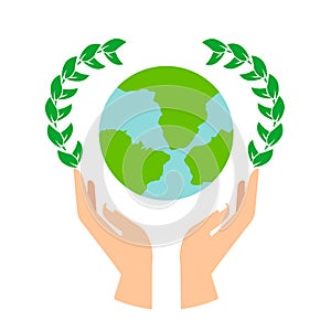 Hand holding planet icon, nature protection, vector illustration