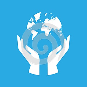 Hand holding planet icon, nature protection, vector illustration