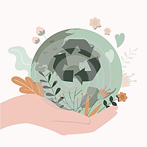 Hand holding planet with recycling symbol. Zero waste movement support. Environmental protection and green living