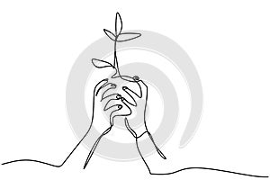 Hand holding plant`s pot. Continuous one line drawing of back to nature theme. Growing plant in hand palm. Concept of growing and