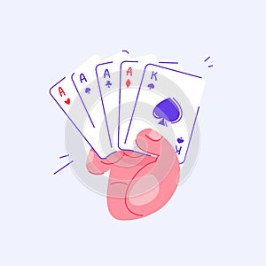 Hand holding playing cards in poker. Four of a kind. Pastime with friends. Family table leisure games. Sports and