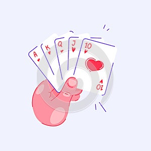 Hand holding playing cards. Royal flush in hearts in poker. Pastime with friends. Family table leisure games. Sports and