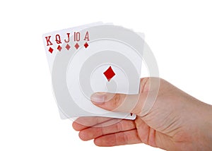 Hand holding Playing cards, royal flush isolated