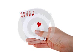 Hand holding Playing cards, royal flush isolated